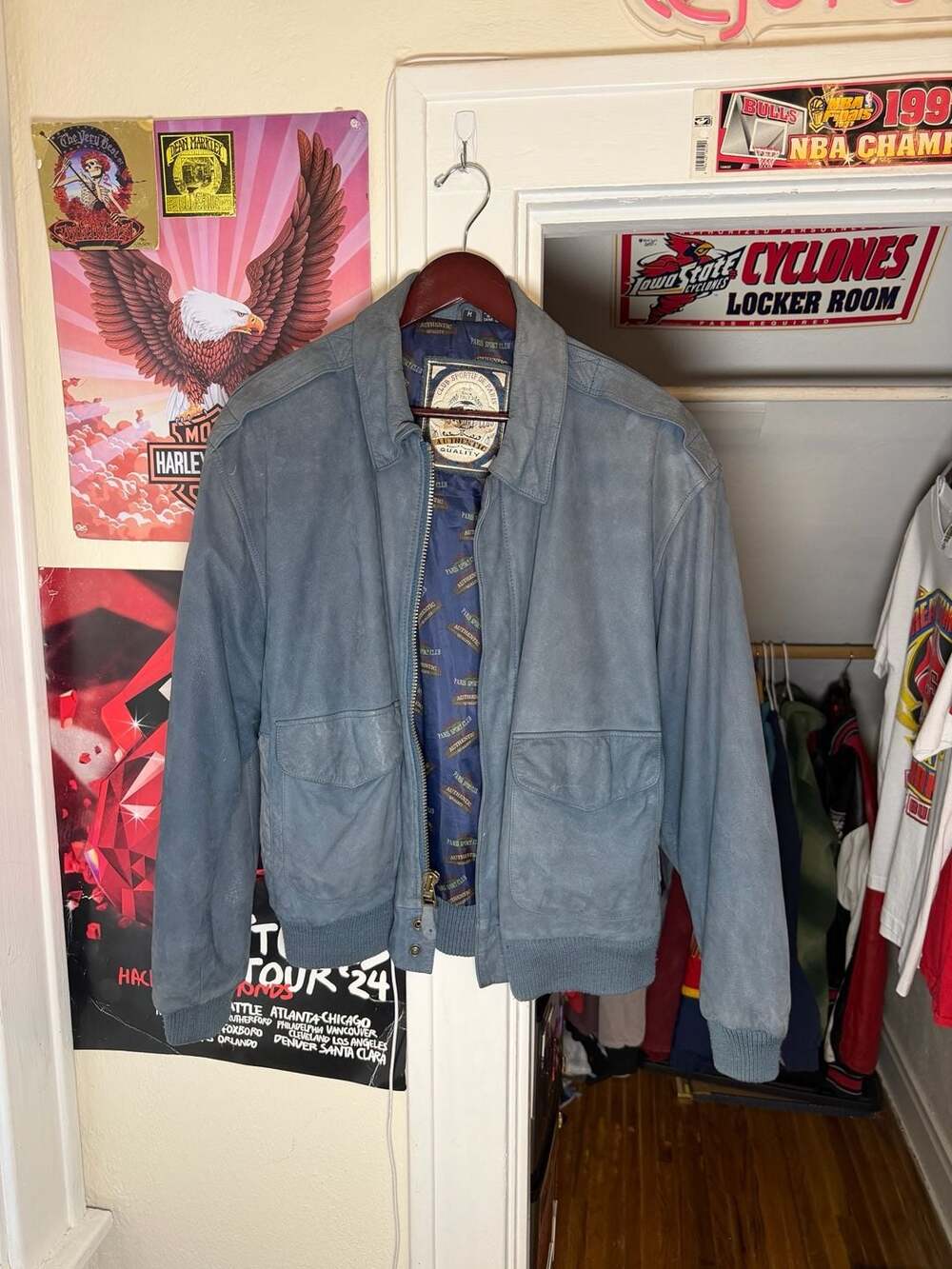 Vintage 90s Paris Sport Club Blue Suede Leather Bomber Jacket